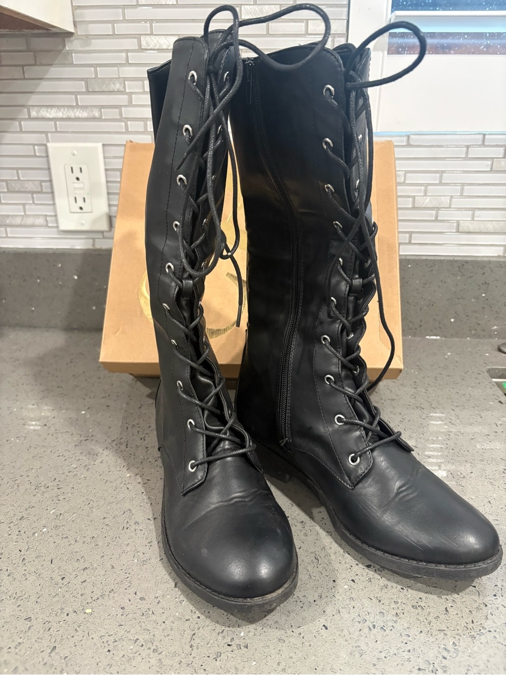 Charlotte Russe Black Lace-Up Knee-High Boots